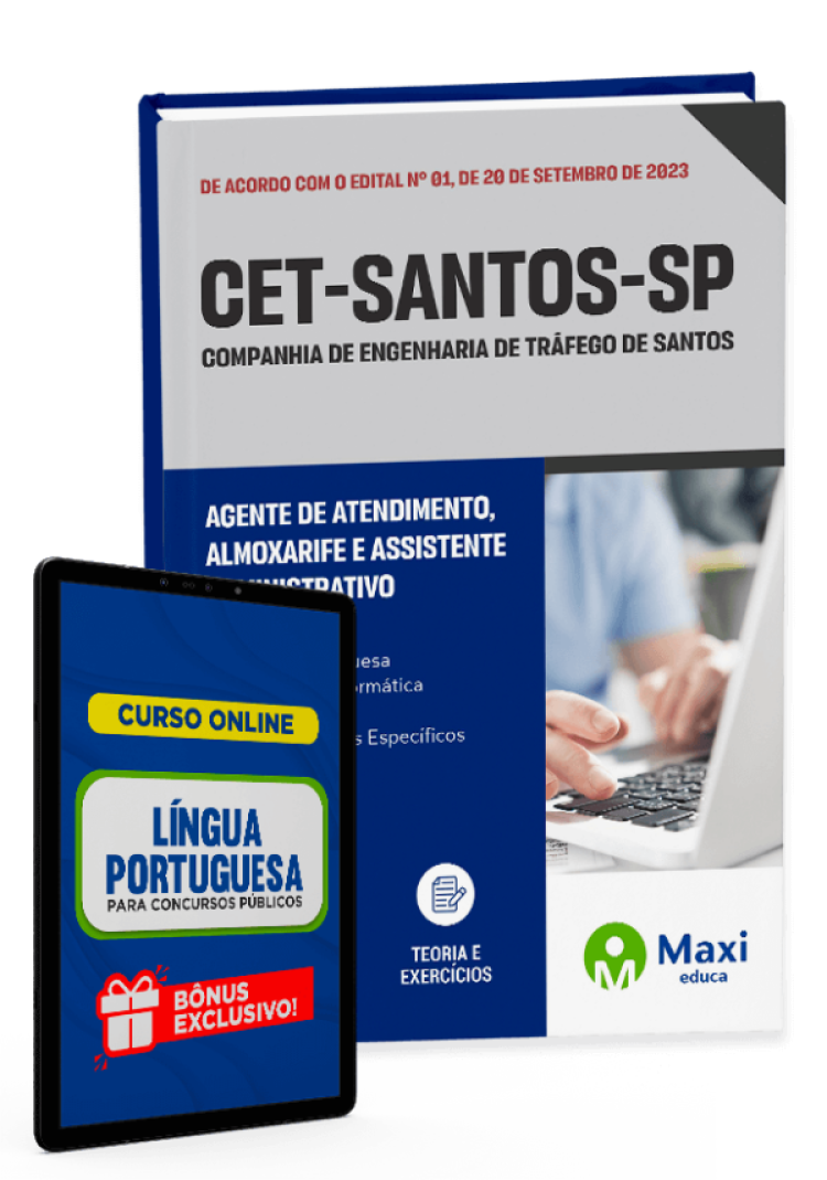 - Apostila CET-SANTOS-SP - 2023 Agente de Atendimento, Almoxarife e Assistente Administrativo